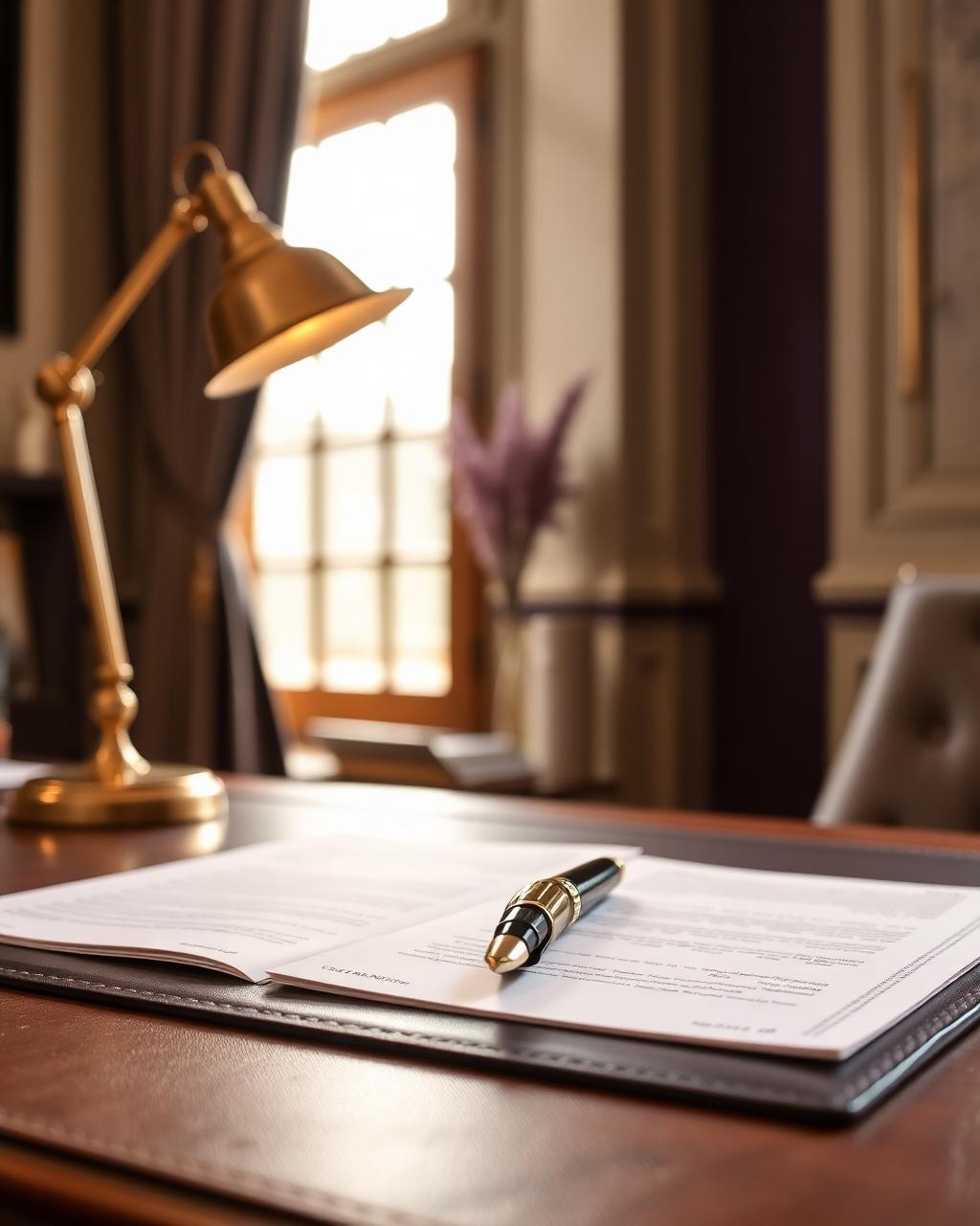 Notary desk with fountain pen, leather pad, and brass lamp in soft morning light